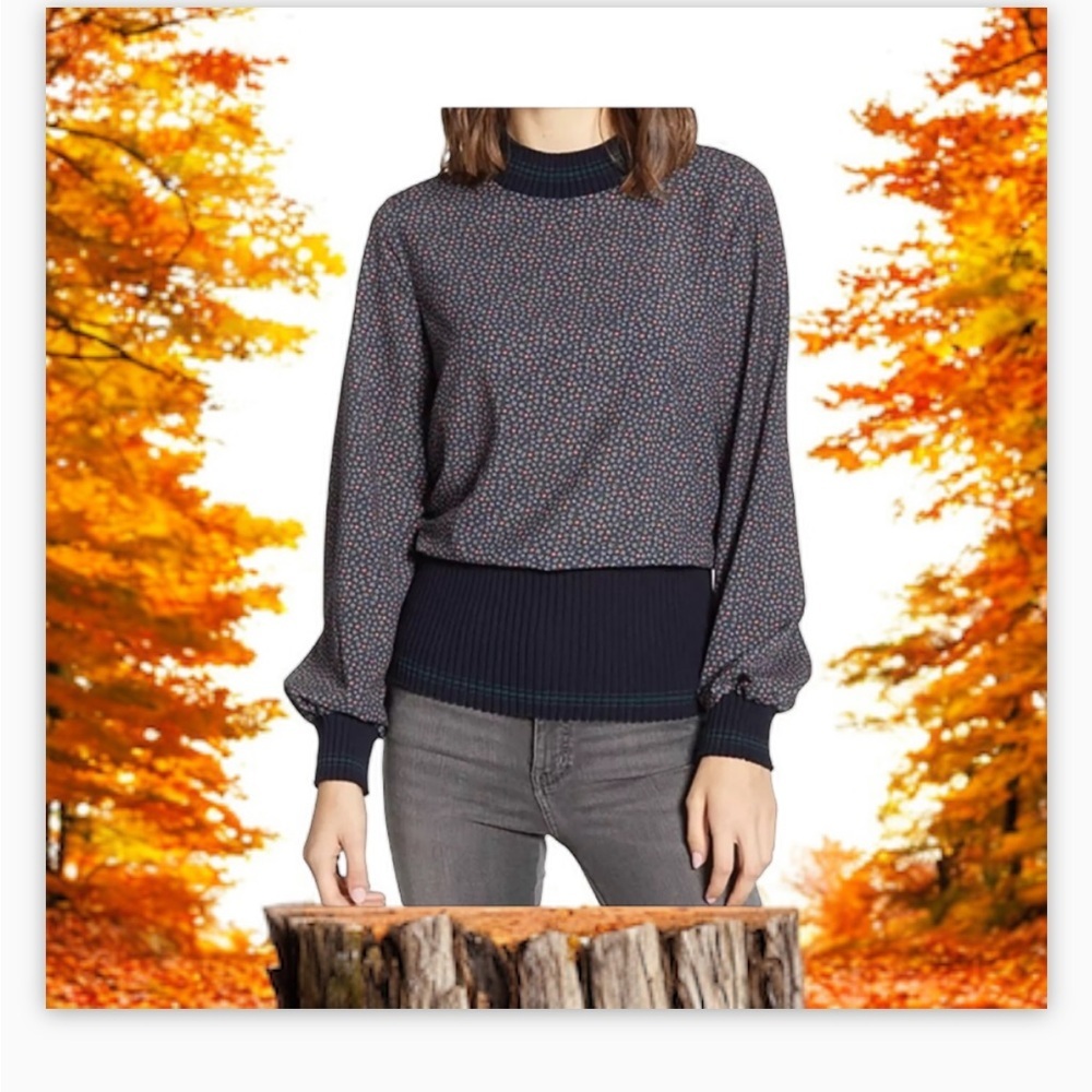 French Connection Cosimo Mahi
Printed Mixed-Media Top - Ribbed bottom -SzS EUC🍂